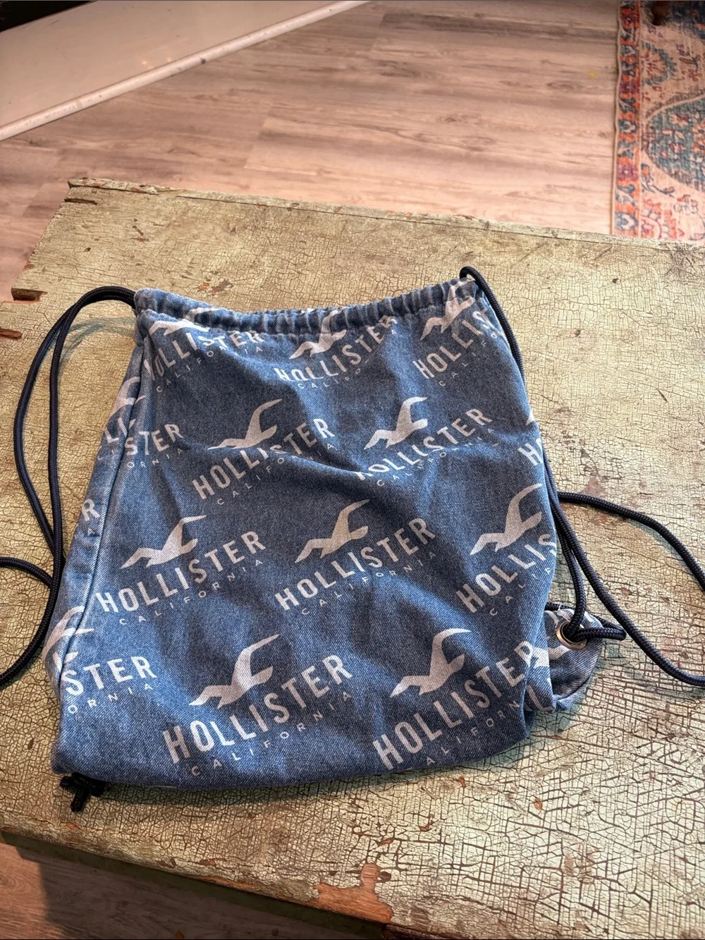Hollister California Blue Denim Logo Drawstring Backpack Bag